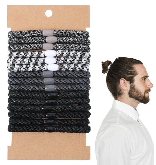 Hair Ties for Men, 15 Pack Braided Man Bun Hair Ties with Smooth Beads, Comfortable & Secure Hold for Long Hairs, Men & Women (Dark Gray)