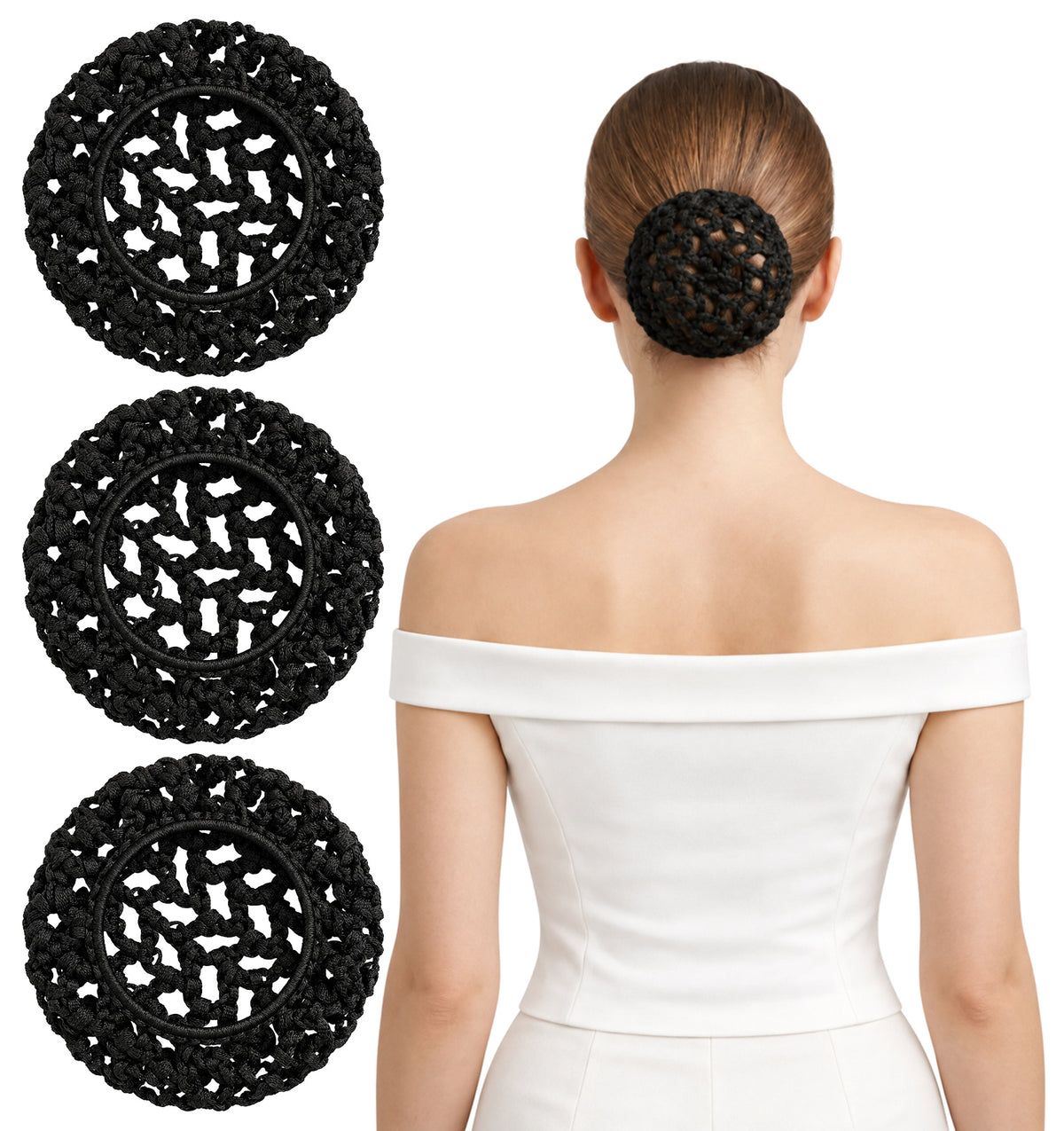 3 Pcs Hair Nets for Buns, Hair Bun Cover Black Cotton Polyeste Crochet