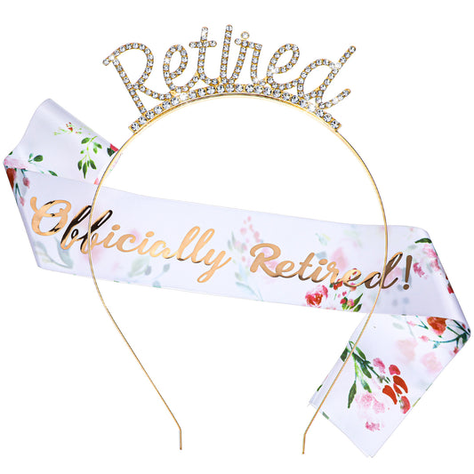 Oruola Retirement Sash for Women,Elegant Retirement Tiara and Sash Set,Officially Retired Sashs and Rhinestone Tiaras for Women,Happy Retired Party Decorations Supplies,Rose Gold