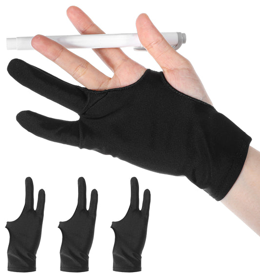 Thrymme 3 Pcs Artist Glove, Drawing Glove for Right & Left Hand, Anti-Stain Two Finger Gloves with High-elastic Spandex for Graphics Drawing, Tablet & Art Creation (Black, Free Size)