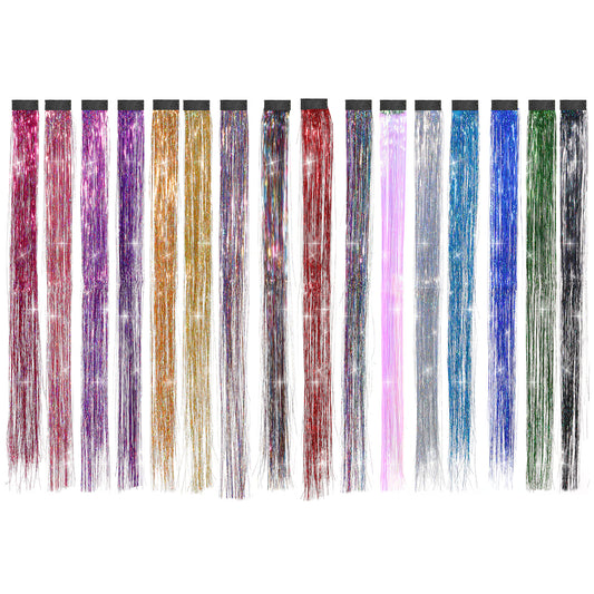 Classicseali 17PCS Tinsel Hair Extensions, 19.7In Clip In Colored Hair Extensions, Shiny Clips In Tinsel Hairs Extension, for Women's Hairs Salons, Halloween, Performance, Birthday, 16 Colors