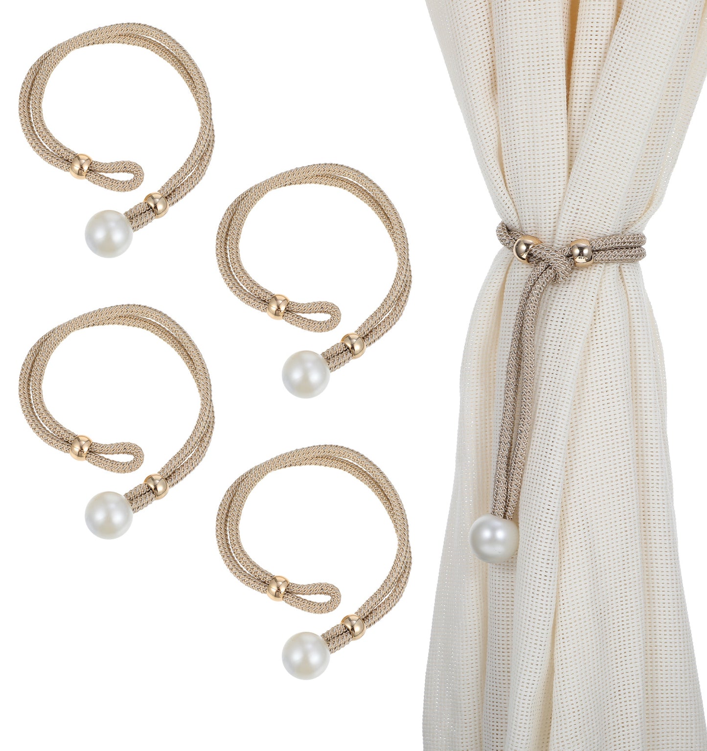 oruola 4 Pack Large Pearl Champagne Curtain Tiebacks, Adjustable Rope Holdbacks with Sliding Beads, No Drilling, Elegant Tie Backs for Curtains for Home Hotel Office Drapes