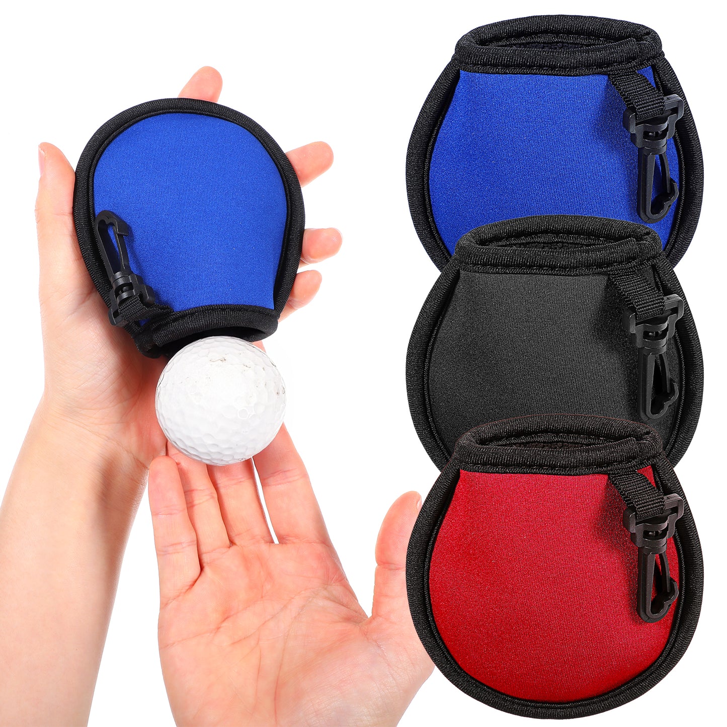 oruola 3 Pack Golf Ball Cleaner Pouch,Portable Golf Cleaning Bags with Clips,Waterproof Golf Ball Washer Bag with Black Pull Buckles,Compact Golf Accessories for Men and Women(Black,Red,Blue)
