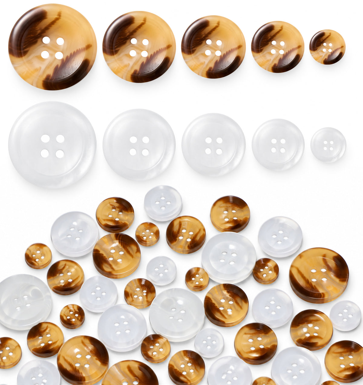 50 Pcs Tortoise Shell Buttons, 4 Holes Resin Brown Buttons 5 Sizes Round
