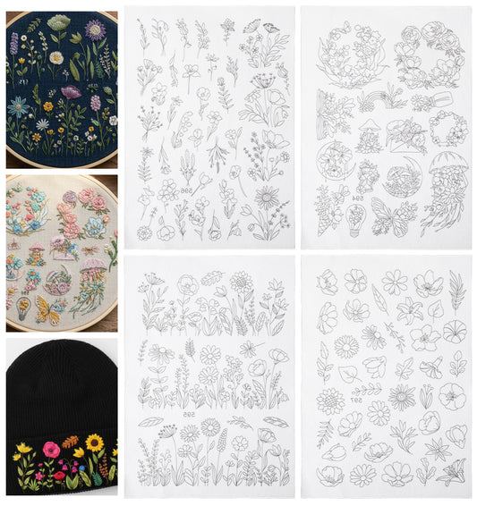 4 Sheets 105 Pcs Water Soluble Embroidery Patterns, Stick and Stitch Embroidery Patterns - Pre-Printed Floral & Leaves Designs for Hand Sewing, Creative DIY Projects