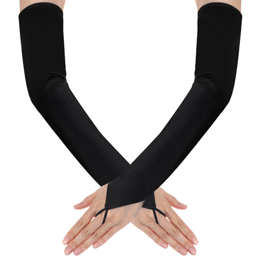 oruola Long Fingerless Gloves for Women,Satin Fingerless Glove Long,Black Gloves for Bridal Wedding Party Goth Punk 80s Party Cosplay Costume Accessories,Stretchy Long Glove