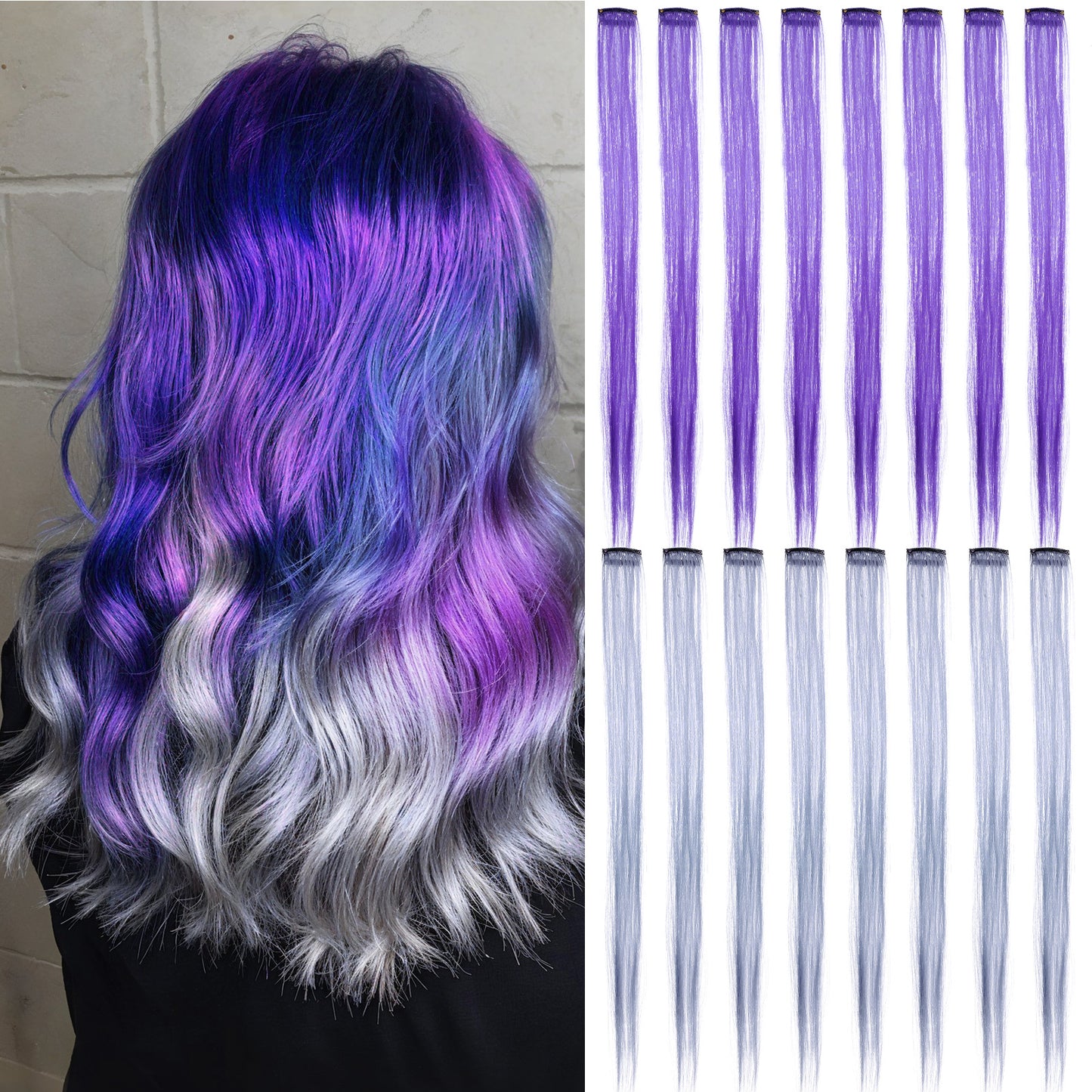 oruola 20pcs Coloured Hair Extensions,Purple Hair Extensions,57 cm Long Straight Fake Hairpieces for Braiding,Blue Hairs Extension Clip In,Hairs Accessories Wig Pieces for women