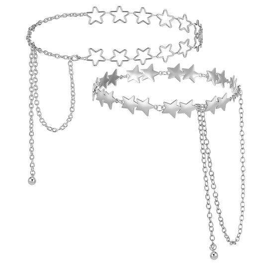 guduling 2-Pack Star Chain Belt,Adjustable Layered Star Belt Chain,Y2K Chains Belts for Low-Rise Jeans, Dresses & Festival Outfits & Rave