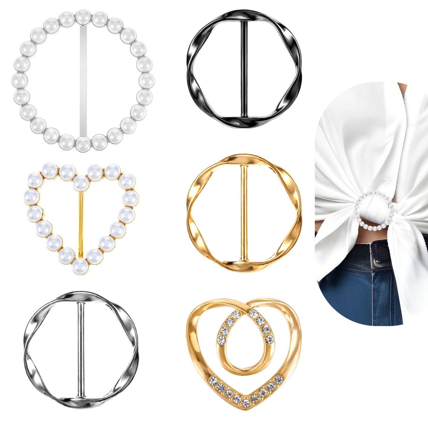 Oruola 6pcs Scarf Ring,Silk Scarf Ring Clip,T-shirt Ties Clips,Clothes Corner Knotted Button,Shirt Clips for Women Clothing for Loose T-shirt Clothes Scarf Buckle(6 Styles)