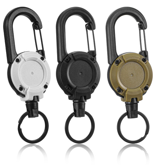 3 Pack Retractable Keyring, Retractable Badge Holder with ID Badge Reel, Secure Keys for Outdoor, Office & Travel (Black, White, Khaki)