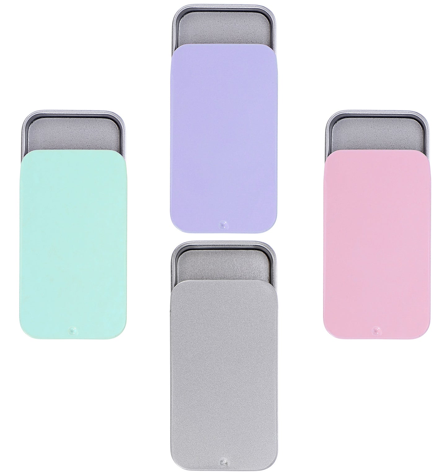 FRCTLNKG 4 Pcs Metal Tins with Lids, Small Metal Tin with Magnetic Closure for Needles, Pills, Jewelry (Pink, Green, Purple, Silver)