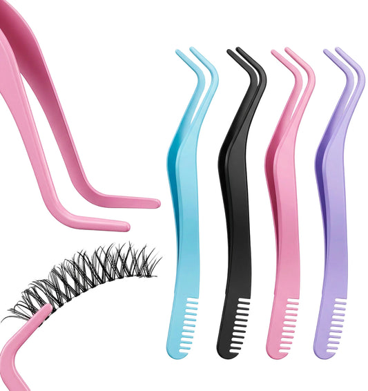 4 Pcs Eyelash Tweezers for Cluster Lashes, Stainless Steel Lash Applicator Tool with Comb for Precision Placement (Black, Pink, Purple, Green)