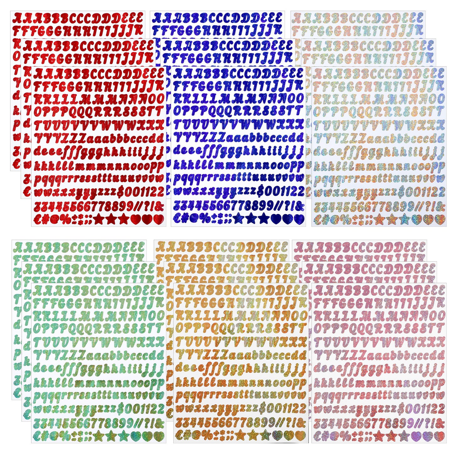 528 Pieces Gold Letter Stickers & Stick on Letters, 6 Colours (Gold, Silver, Red, Pink, Green, Blue) Vinyl Adhesive Alphabet Number Symbol Stickers, 1.3 cm Individual Letters (23 x 19.3 cm Sheet)