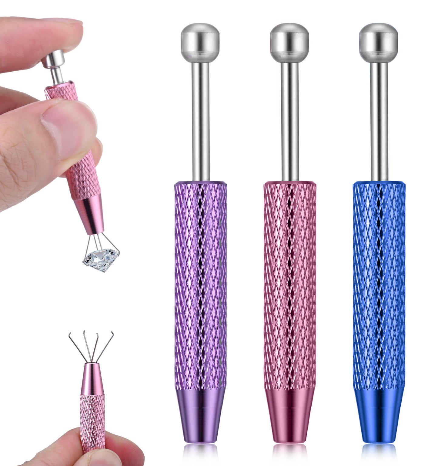 3 Pcs Piercing Grabber Tool, Stainless Steel 4 Prongs Claw Tweezers for Jewel Diamond Pearls Gem (Purple, Blue, Pink, 6.5 cm)