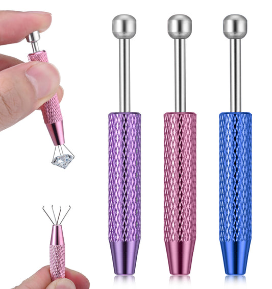3 Pcs Piercing Grabber Tool, Stainless Steel 4 Prongs Claw Tweezers for Jewel Diamond Pearls Gem (Purple, Blue, Pink, 6.5 cm)