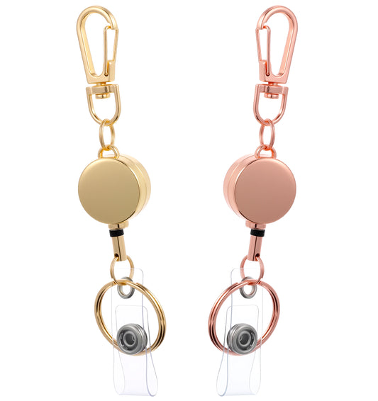 Badge Holder Retractable Reel, 2Pcs Heavy Duty Retractable Key Chain, Durable Metal ID Card Holder with Clip & Carabiner Simple Design for Easy Access, Gold & Rose Gold