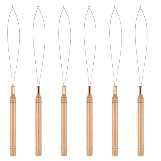 Oruola 6pcs Bead Threader with Wooden Handle,Hair Extension Tools,Bead Threader for Hair,Hair Extension Loop Tool for Silicone Link Rings Beads and Hair or Feather Extensions