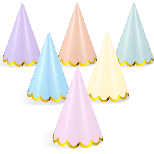 Elegaperma 6pcs Pastel Party Hats, Gold Stamped Kids Party Hats With Elastic Cords, Paper Cone Birthday Party Hat for Adults & Kids, Birthday Parties Celebration Games Decorations, 6 Colors