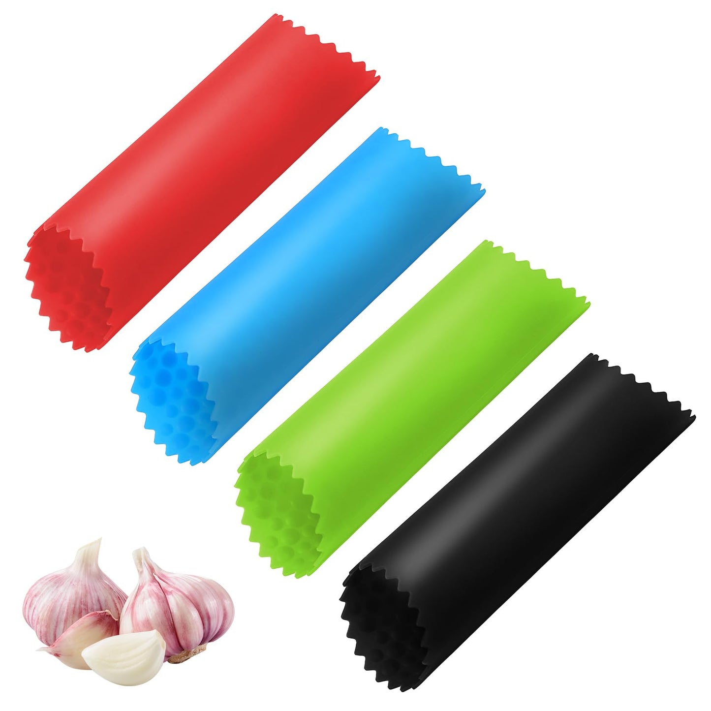 Classicseali Pack of 4 Garlic Peeler, Easy Garlic Peeler Silicone, Garlic Roll, Garlic Peeler for Garlic Press, Vegetable Peeler Kitchen Tools (Red, Black, Green, Blue)