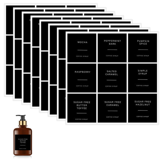 Elegaperma 72pcs Coffee Syrup Labels for Glass Bottles, Coffee Labels Stickers for Coffee Bar and for Syrup Dispenser Drinking Bottle Glass Cups Organization, Black