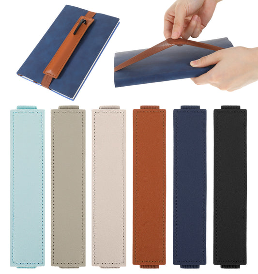 6 Pcs Pen Holder for Notebook, PU Leather Notebook Pen Holder with Elastic Band, Pencil Pouch for Journal Diary School Office Supplies (Black/Brown/Grey/Beige/Light Blue/Dark Blue, 16.5 x 3.5 cm)