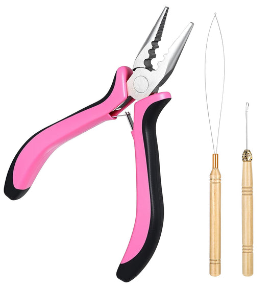 3 Pcs Hair Pliers Extension Tools Kit, Mini 3-Hole Wooden Hair Beading Tool Set with Iron-Plastic Construction (Pink & Black, 16.5 cm)