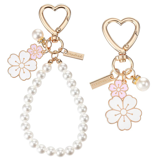 Classicseali 2pcs Pearl Keychain Wristlet, Alloy Pink Wristlet Keychain, Bicolor Flower, White Pearl Cute Keychains Charms, for Women's Wallet Backpack Accessories