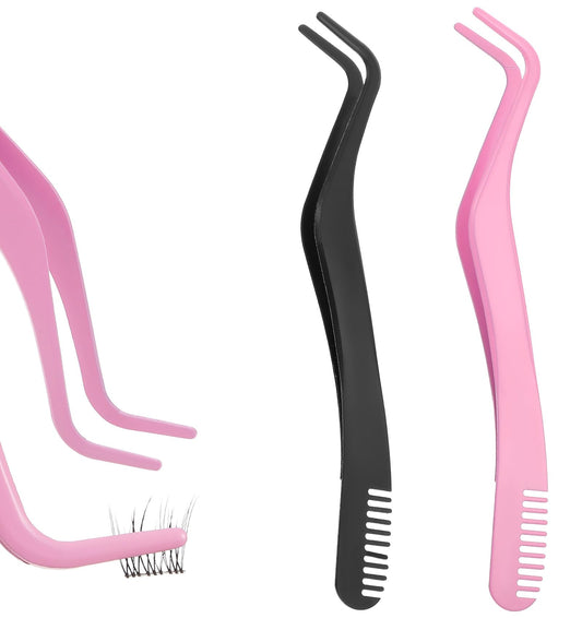Lash Applicator Tool, 2 Pcs Eyelash Tweezers with Comb for Cluster Lashes, Curved Stainless Steel Eyelash Applicator Tool for Lashes Precision Placement and Application (2 Colors)