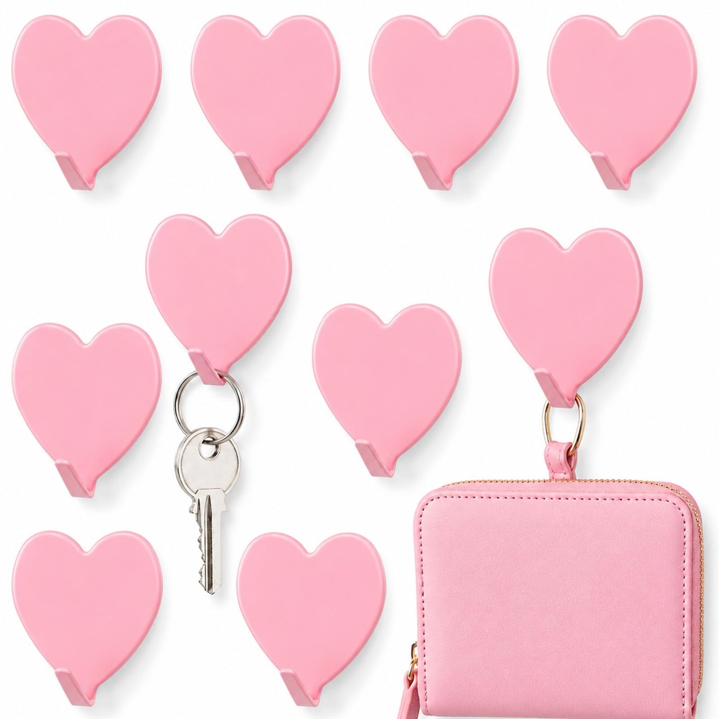 Elegaperma Pack of 10 Self-Adhesive Hooks Pink 4 x 4 cm Heart Wall Hooks