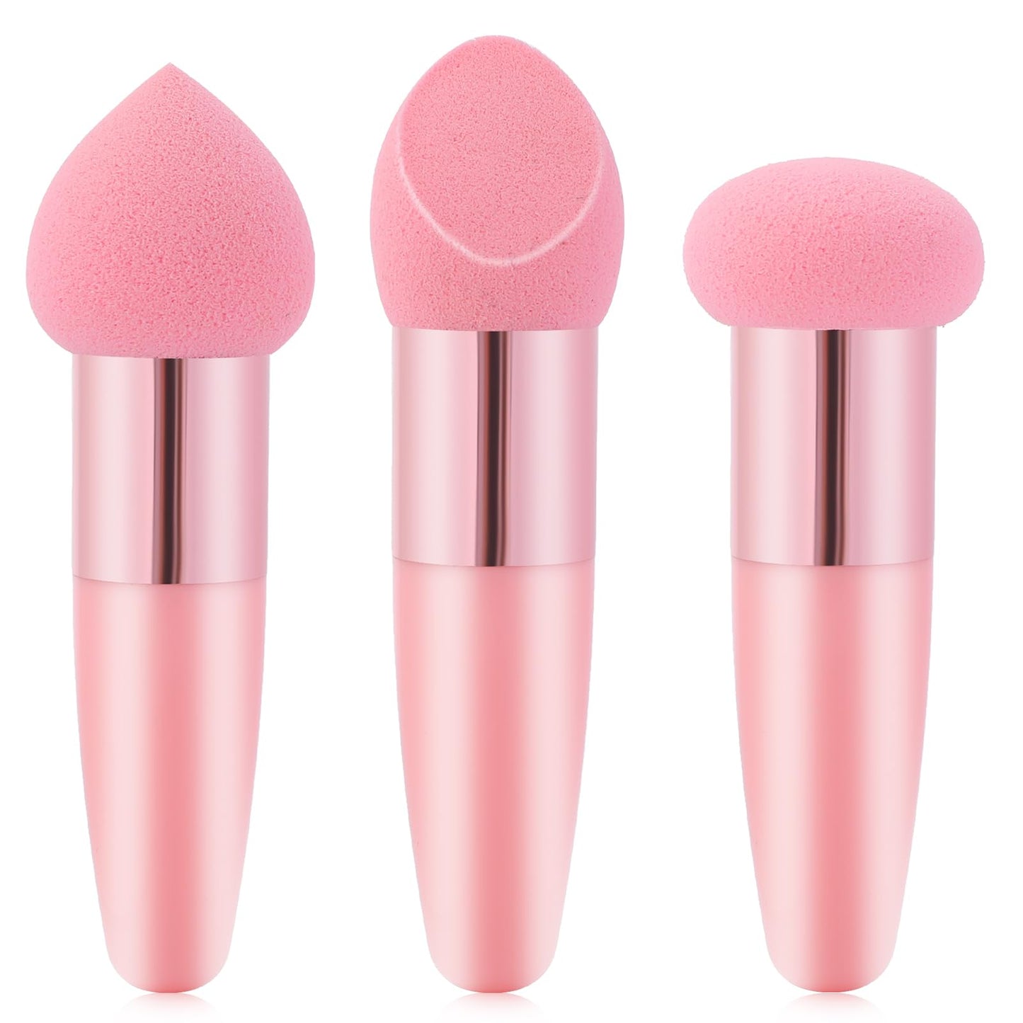 Oruola 3pcs Foundation Applicator,Ppink Beauty Blender with Plastic Handle,Different Shapes of Makeup Applicator Sponge,Multipurpose Mushroom Powders Puff Dry & Wet Use for Powder Cream