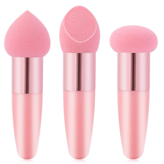 Oruola 3pcs Foundation Applicator,Ppink Beauty Blender with Plastic Handle,Different Shapes of Makeup Applicator Sponge,Multipurpose Mushroom Powders Puff Dry & Wet Use for Powder Cream