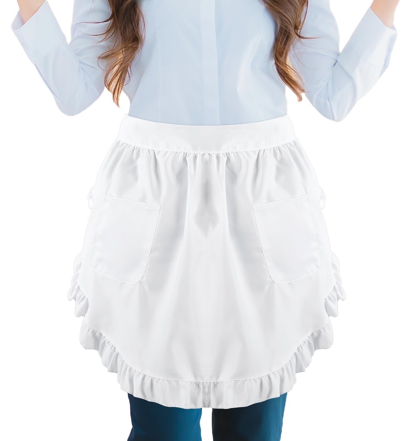 White Short Apron, White Waist Apron Costume, Half Apron with Pockets, Plus Size White Apron for Women Waist, Mini Maid Apron, Chef Apron Waist for Party Cooking Kitchen (White, 26" L X 16.8" W)