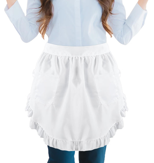 White Short Apron, White Waist Apron Costume, Half Apron with Pockets, Plus Size White Apron for Women Waist, Mini Maid Apron, Chef Apron Waist for Party Cooking Kitchen (White, 26" L X 16.8" W)