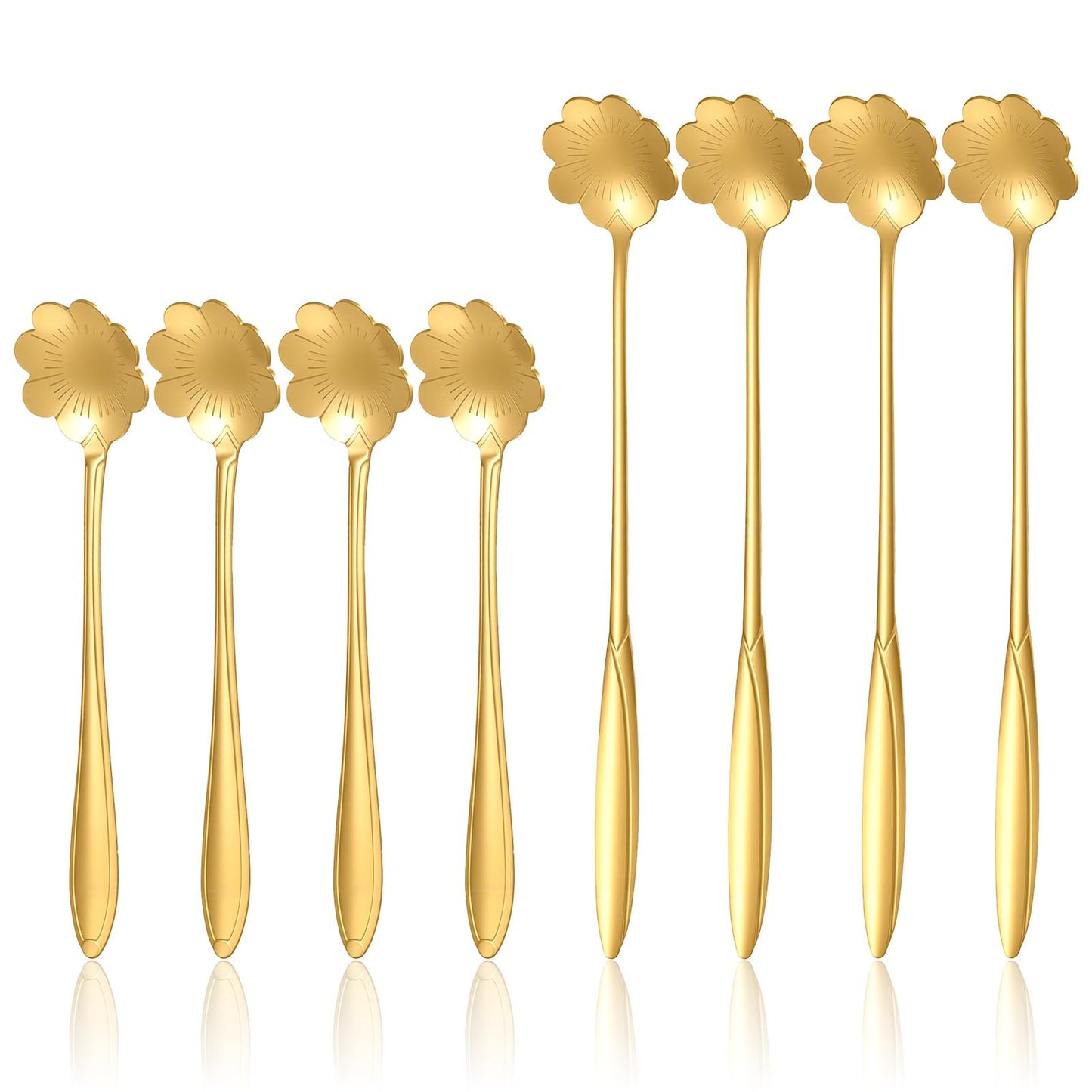 Elegaperma Pack of 8 Small Spoons, Gold, Flower Spoons, Gold, Stainless Steel Flower Spoons, 12.5 cm and 17.5 cm Length Flower Spoon for Mocha, Coffee, Tea, Desserts, Cereal, Milkshakes