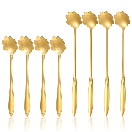 Elegaperma Pack of 8 Small Spoons, Gold, Flower Spoons, Gold, Stainless Steel Flower Spoons, 12.5 cm and 17.5 cm Length Flower Spoon for Mocha, Coffee, Tea, Desserts, Cereal, Milkshakes