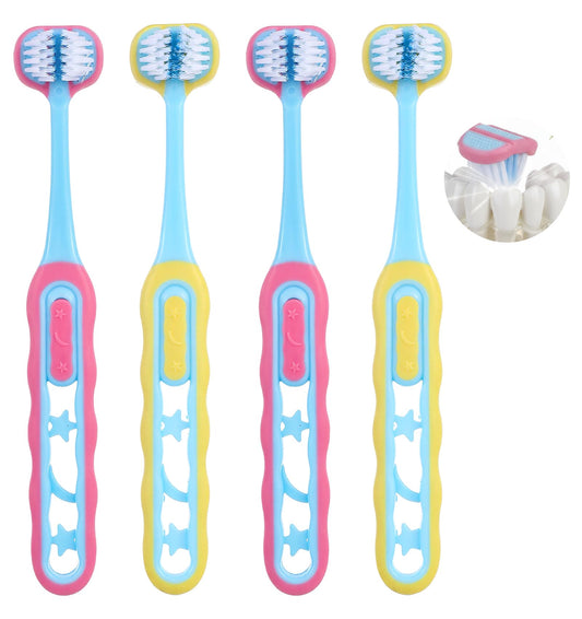 4 Pack Toothbrush Toddler, Soft Baby Tooth Brushes Age 2-12 Three Sided Toothbrush for Difficult Toddler Soft Bristles, Easy Grip, Complete Oral Care