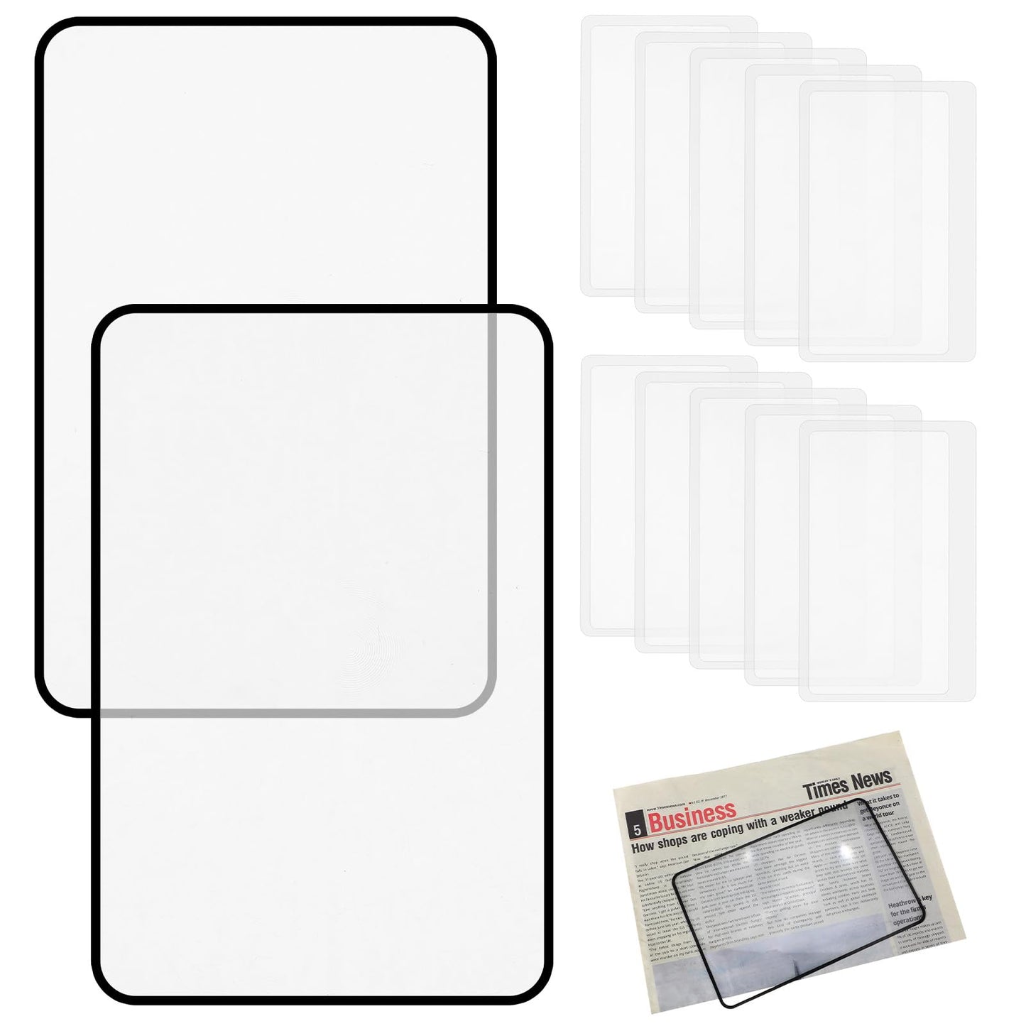 Elegaperma Pack of 12 Full Page Reading Magnifying Glasses, Reading Magnifier, 3X, Transparent Carrying Small Reading Magnifiers Made of PVC for Seniors and Small Print (85 x 55 mm/180 x 120 mm)