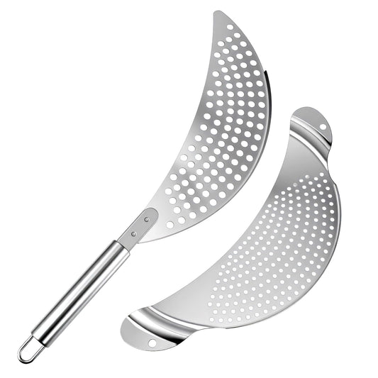 Guduling 2 Pcs Pot Strainer with Handle,Stainless Steel Strainer for Pot,2 Shape Pan Strainers for Universal Stovetop Drain Insert,Noodles, Fried Foods & Fruit, Fits Most Pots and Pans
