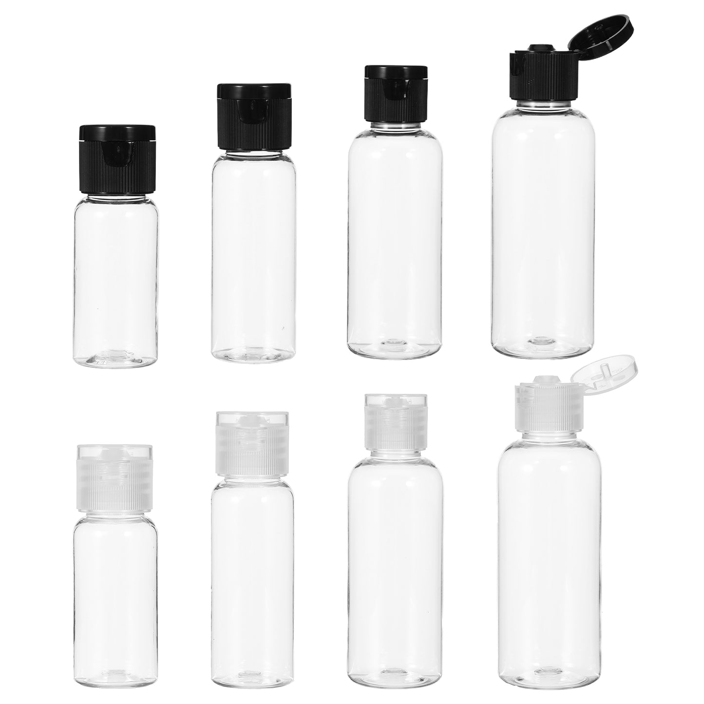 Oruola 8pcs Travel Containers for Toiletries,Small Plastic Bottles, 4 Sizes Plastic Travel Bottles with Leak-Proof Flip Cap,Travel Size Bottles for Shampoo,Lotion,and More (Black & Transparent)