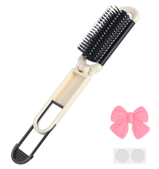 Mini Brush, 11 cm Folding Hair Brush, Mini Handbag Hairbrush with Removable Mirror & Classic Bowknot for Women and Girls, Purse, Makeup Bag, Travel Home, (Crem White)