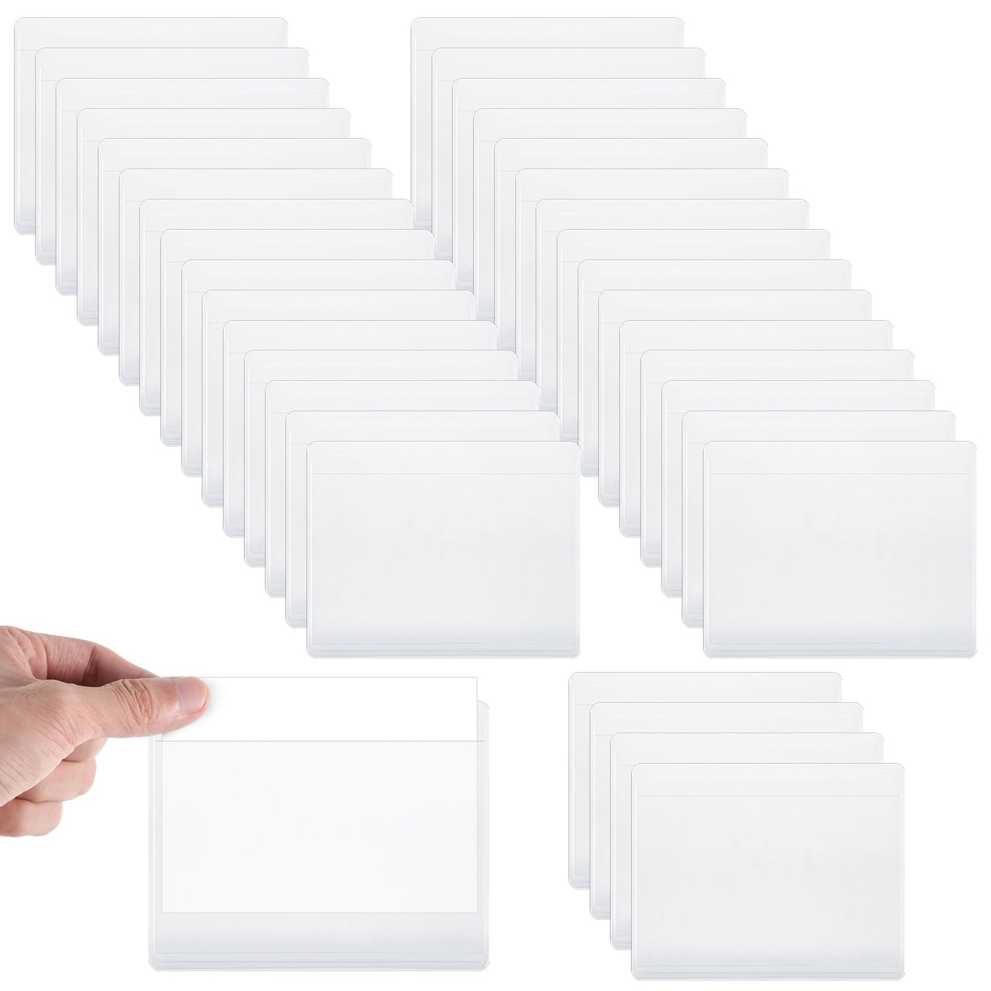 Oruola 50pcs Clear Adhesive Pockets,Drawer Labels,3.15 X 3.9 in Bin Labels,Storage Bin Labels,Self Adhesive Plastic Label Holder for Supermarket Bookshelf Library Shelves Storage Business Kitchen