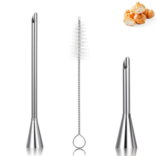 Guduling 3 Pcs Cream Icing Piping Nozzle Tips,Stainless Steel Long Cream Puff Nozzle Decor with Small Puff Mouth + Long Puffs Mouth + Decorating Cleaning Brush,Decorating Tool Supplies