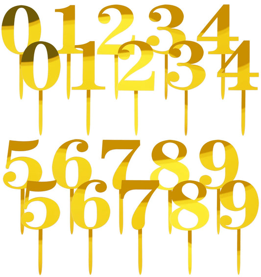 20 Pcs Gold Numbers for Cake, Acrylic Number Cake Insert, Shiny Smooth Decorative Pick for Birthday, Wedding, Party Cake Decoration