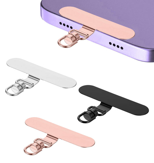 Thrymme Phone Tether Tab, 4 Pcs Metal Crossbody Phone Lanyard Patches for Smartphones - Stainless Steel Cellphone Tether Tags (Black, Silver, Rose Gold, 4.8 x 1.2 cm)