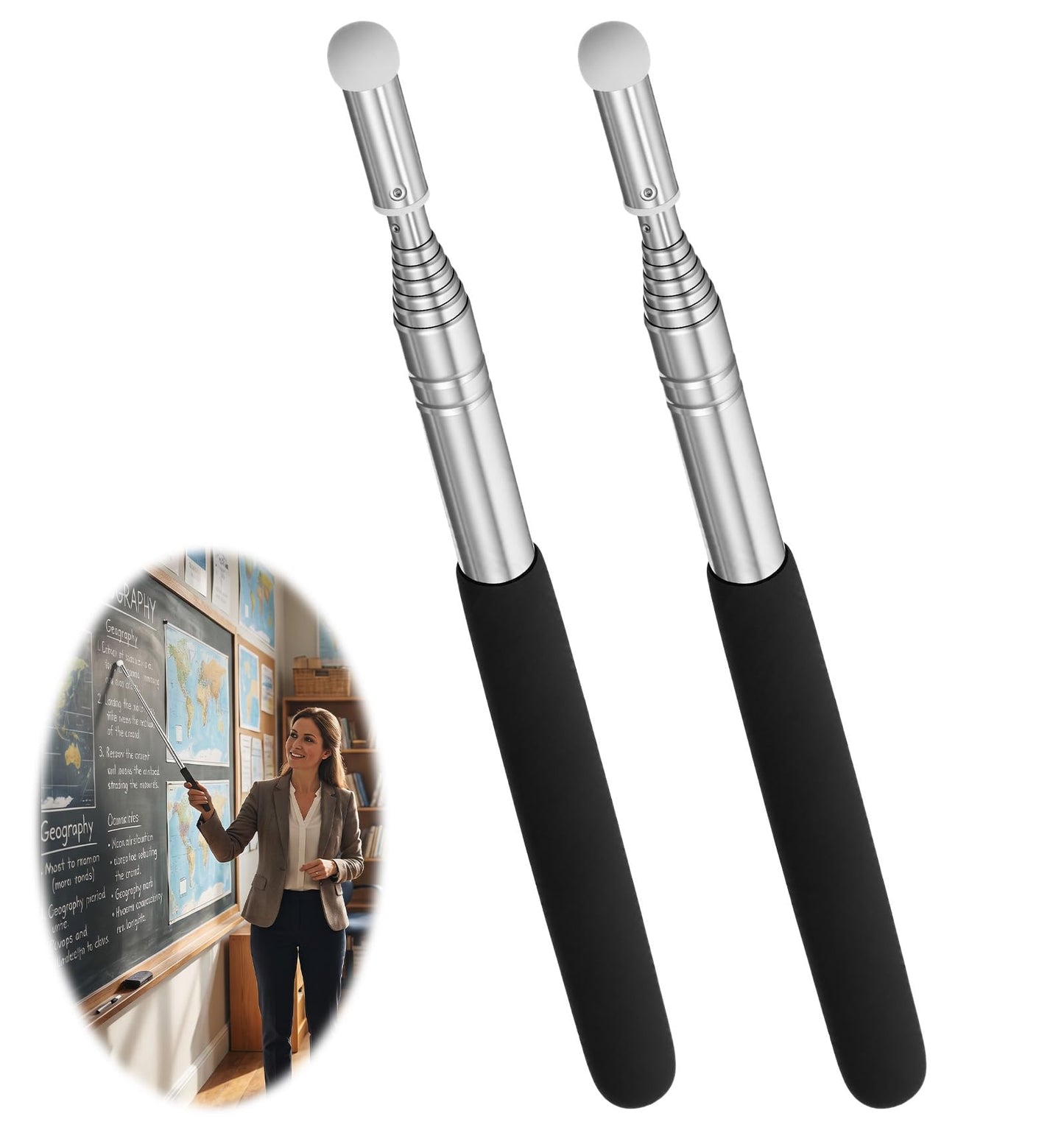 2 Pack Extendable Pointing Stick Teaching Presentation Stick with Felt Head for Teachers Travel Guides Coaches - Extends to 39"