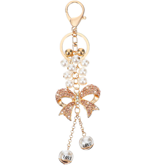 Bow Keychain, 7 cm Handbag Charms with Rhinestone & Pearls for Women Handbag, Bag, Purse, Backpack, Keys, (Champagne)