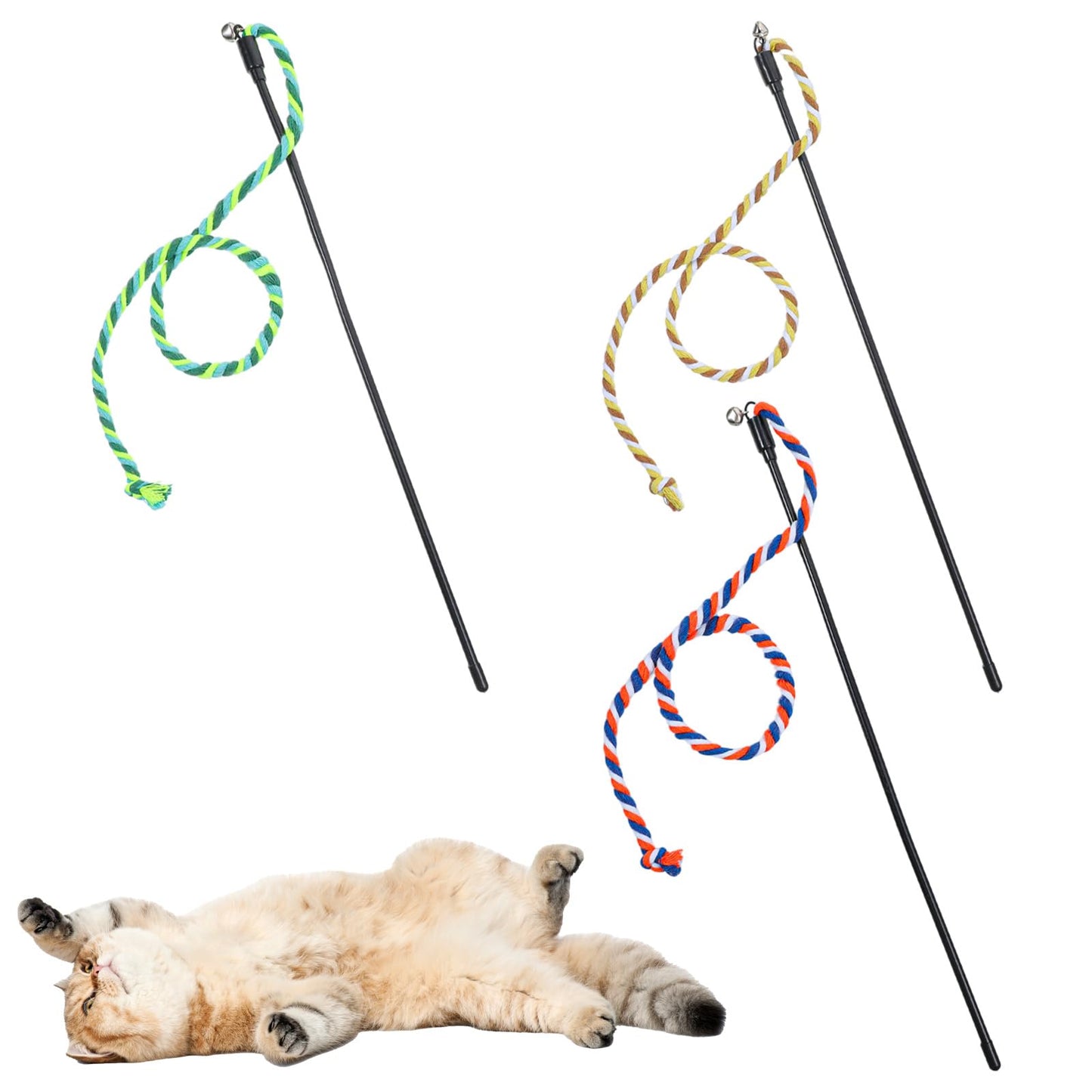 Elegaperma 3Pcs Cat Wand Toy, Cat String Colorful with Bell, String Toys for Cats Interactive Feather Wand for Indoor Cats
