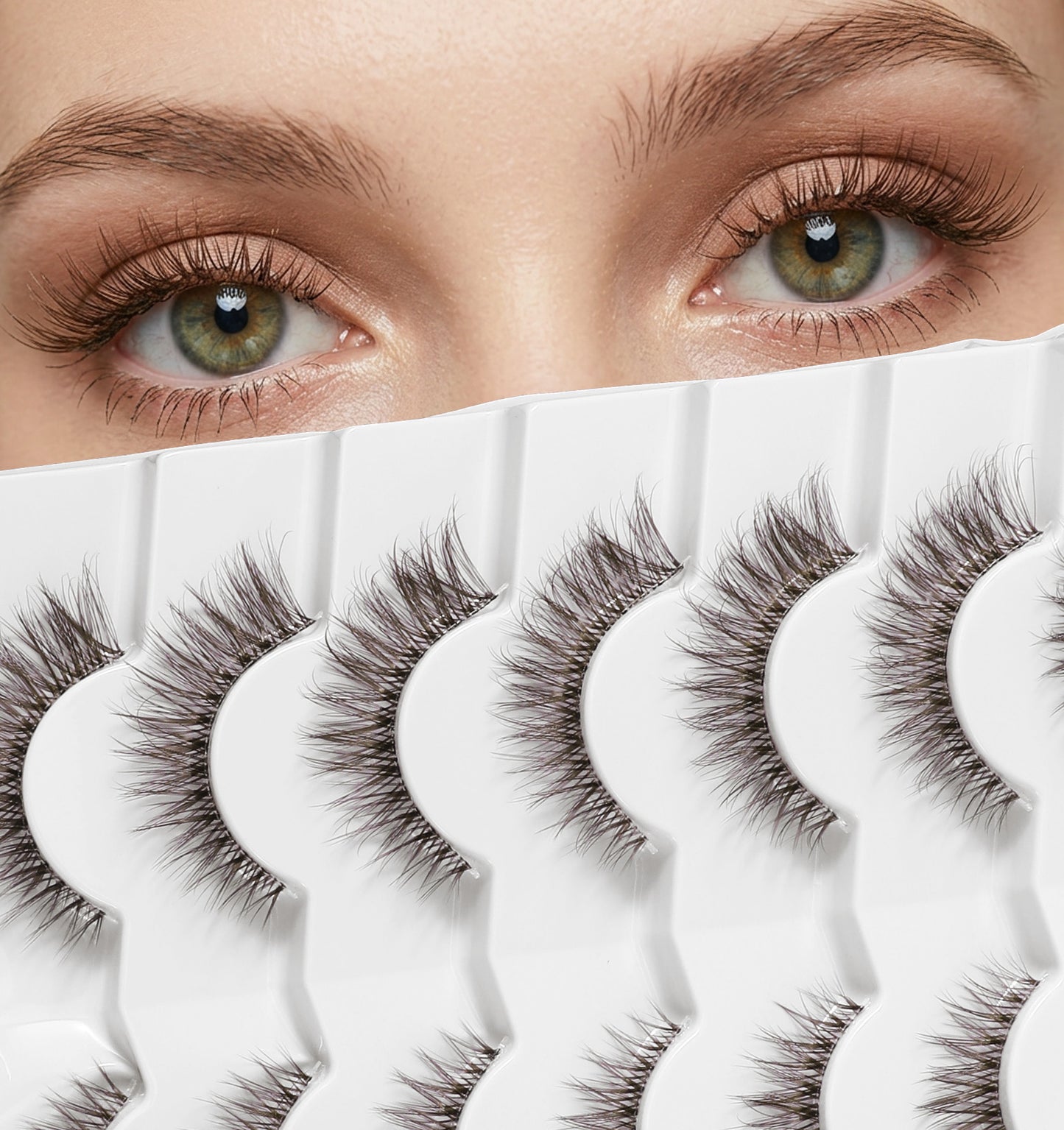 7 Pairs Brown Cluster Lashes, Brown Lashes Wispy Volume C-Curly Short Faux Mink with Clear Band for Natural Look