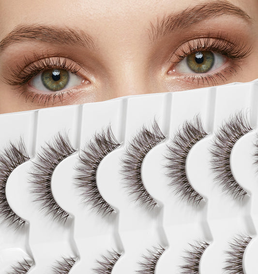7 Pairs Brown Cluster Lashes, Brown Lashes Wispy Volume C-Curly Short Faux Mink with Clear Band for Natural Look