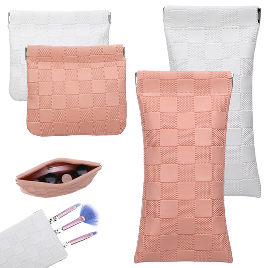 Classicseali 4pcs Pocket Cosmetic Bag Squeeze Top, Checkered Purse Pouches for Inside Purse, Waterproof Portable Squeeze Coin Purse No Zipper for Coin Cards Jewelry Lipstick Cosmetic Accessories